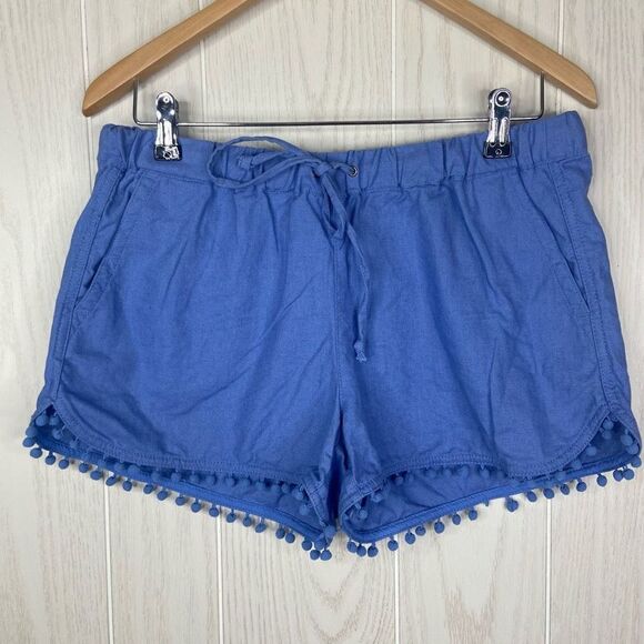 J. Crew Women's Blue Pom Pom Drawstring Linen Cotton Casual Shorts Size Small - Picture 1 of 6
